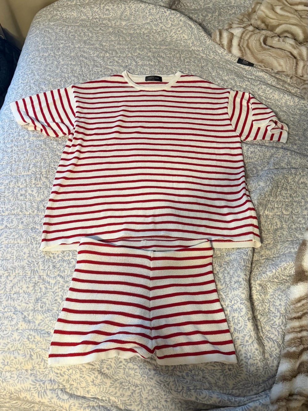 WHITE FOX Red & White Striped Knit Set - Short Sleeve Top and Shorts